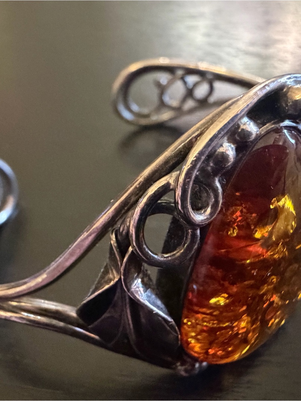 Vintage 925 Sterling Silver Baltic Amber Cuff Bracelet Art Nouveau Leaf - Picture 3 of 6